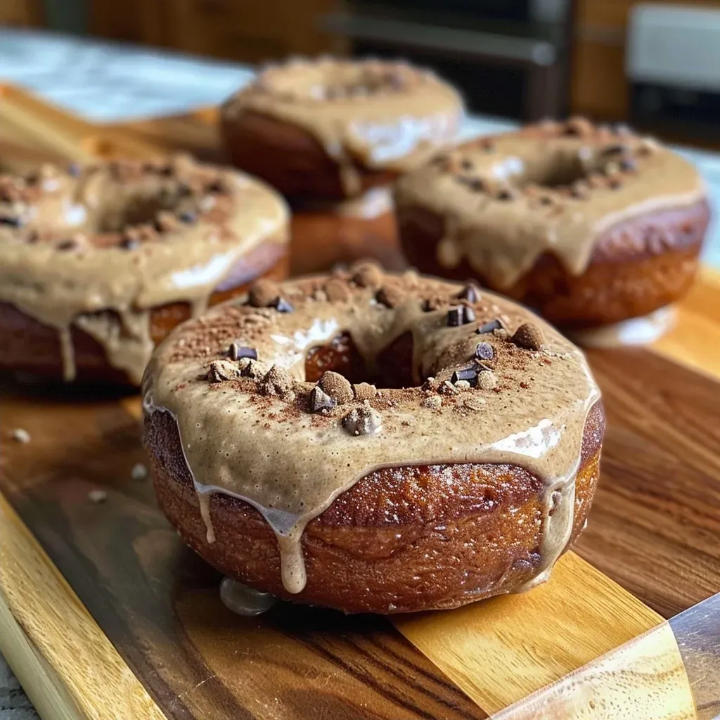 Side view of freshly baked gingerbread donuts drizzled with icing.