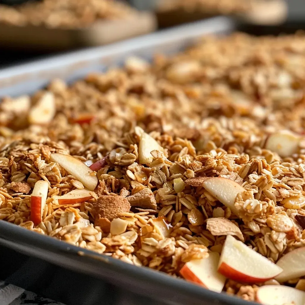 Delicious granola featuring apple chips and cinnamon, taken from the side.