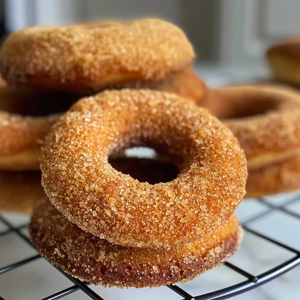 Golden brown baked apple cider donuts displayed attractively with a textured surface.