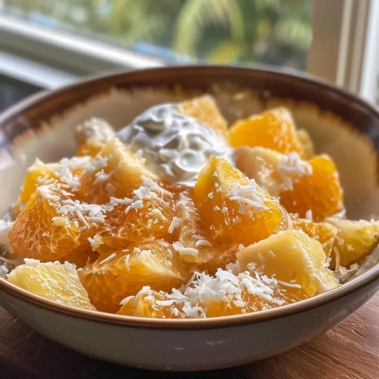Close-up of colorful Healthy Candy Corn made from mandarin, pineapple, and coconut.