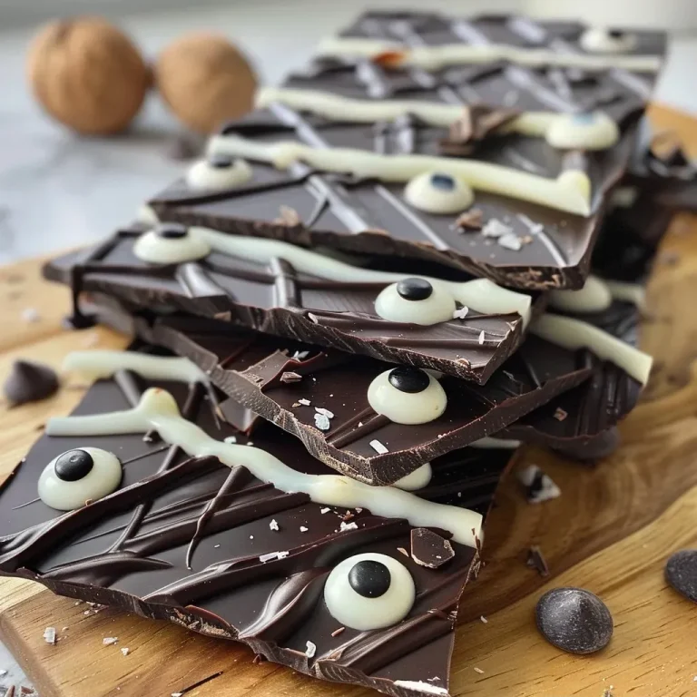 Spooktacularly Healthy: Crafting Your Own Dark Chocolate Mummy Bark Close-up of Healthy Dark Chocolate Mummy Bark with candy eyes.