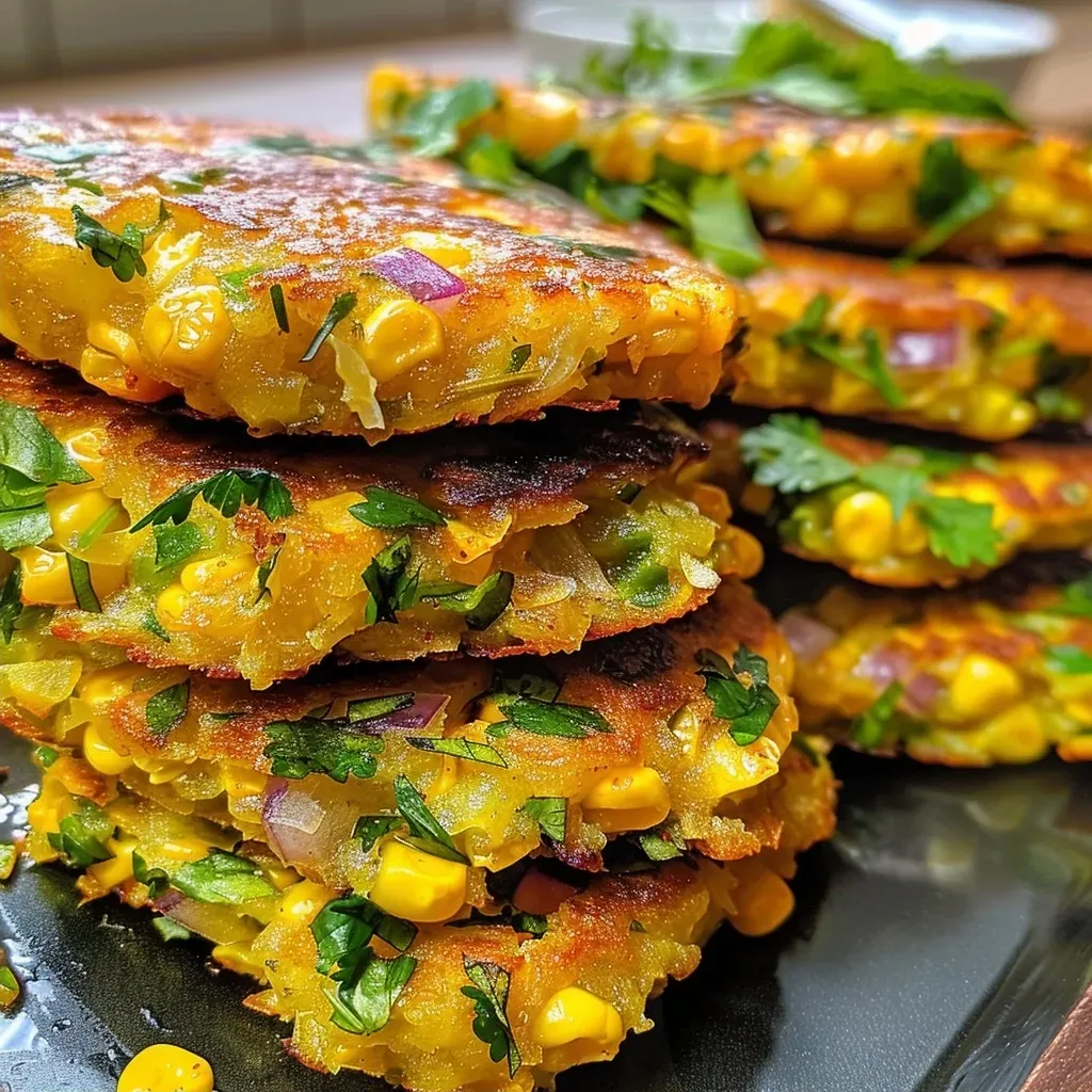 Juicy gluten-free corn fritters with a side view showcasing their texture.