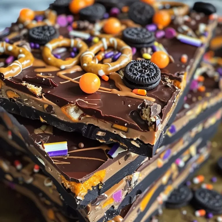 Spooktacularly Delicious: Crafting Guilt-Free Healthy Halloween Bark Close-up view of Healthy Halloween Bark with chocolate, pretzels, and candy eyeballs.