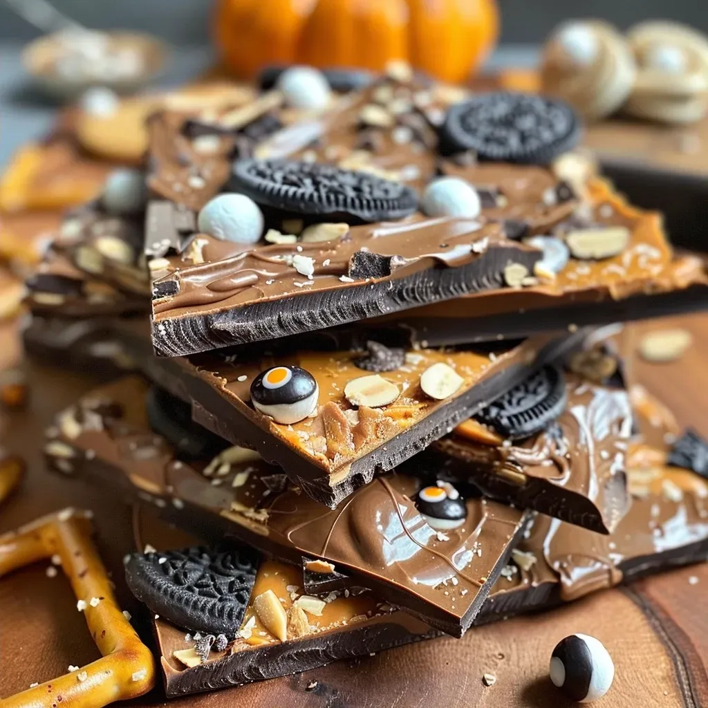 Side view of a colorful Healthy Halloween Bark featuring chocolate and Halloween-themed toppings.