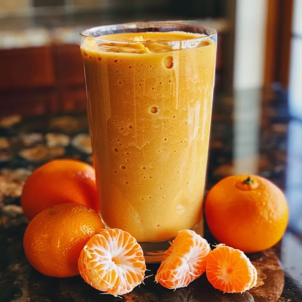Side view of a creamy Halloween smoothie garnished with candy corn.