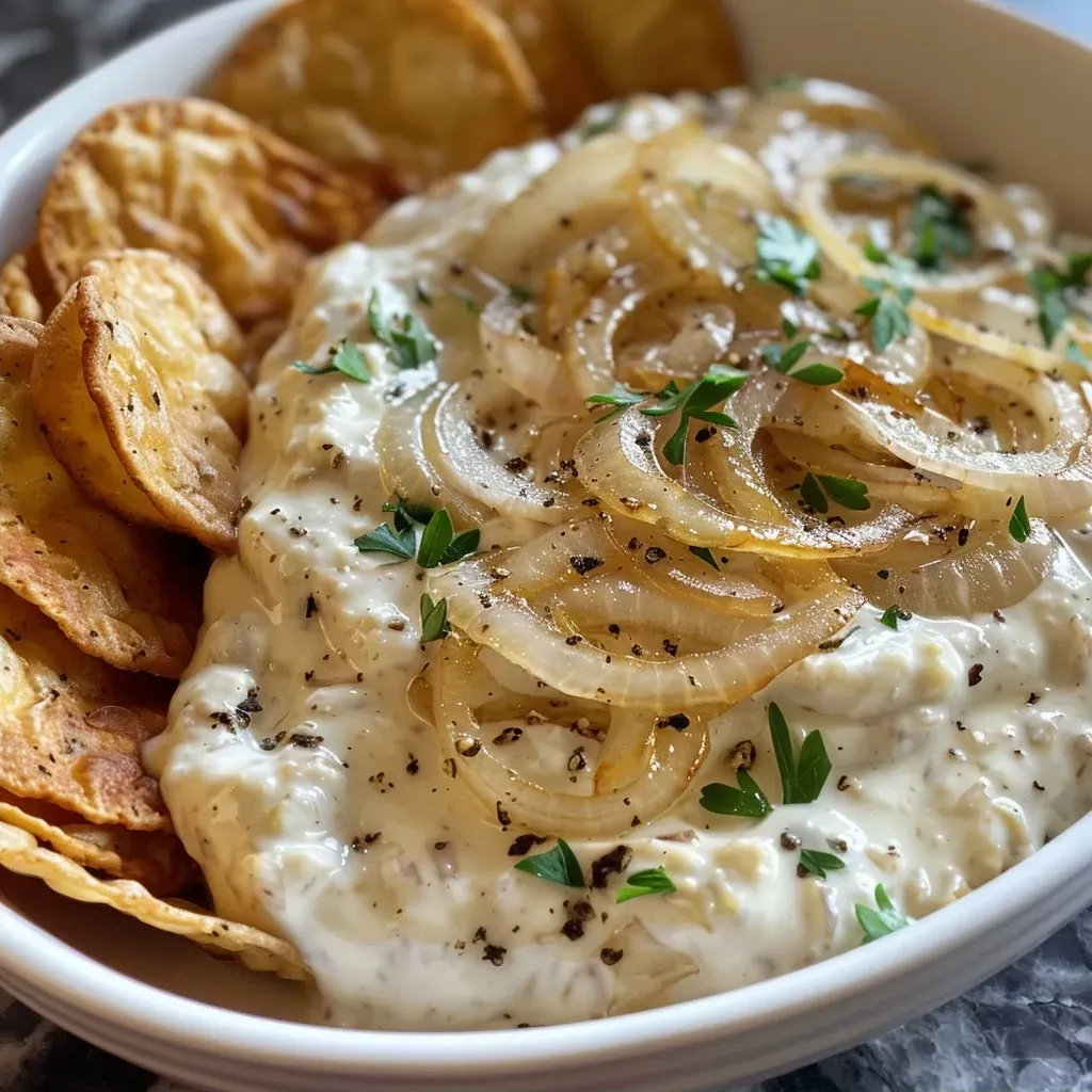 Side view of a rich onion dip made with Greek yogurt and onions in a serving dish.