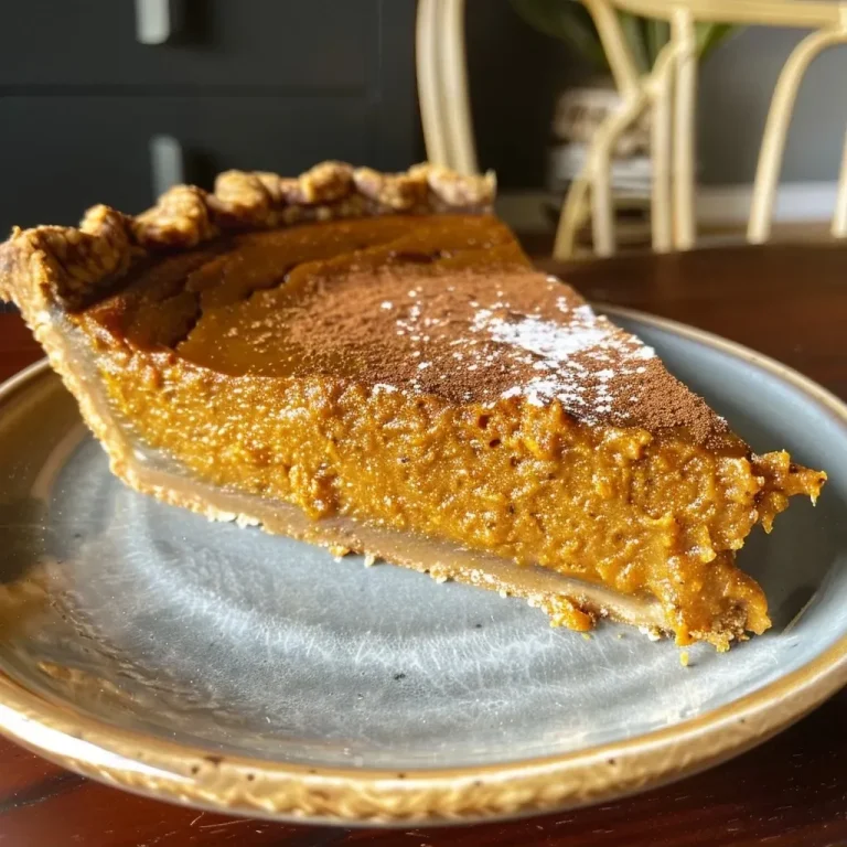 A Guilt-Free Slice of Autumn: Crafting the Perfect Healthy Pumpkin Pie A close-up side view of a healthy pumpkin pie showcasing its golden crust and smooth filling.
