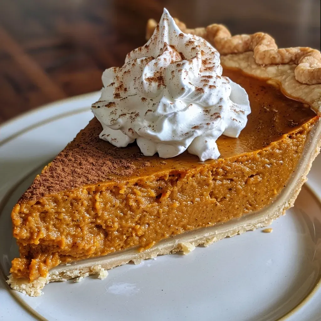 A slice of healthy pumpkin pie on a plate, highlighting the creamy texture and vibrant orange color of the filling.