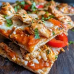 Juicy sweet chilli chicken flatbreads on a plate, vibrant colors from peppers and cheese.