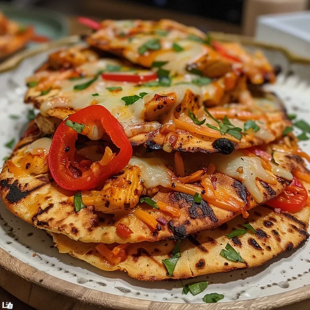 Close-up of healthy sweet chilli chicken flatbreads, showcasing tender chicken and fresh vegetables.