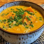 Close-up view of a creamy sweet potato soup with garnished parsley.