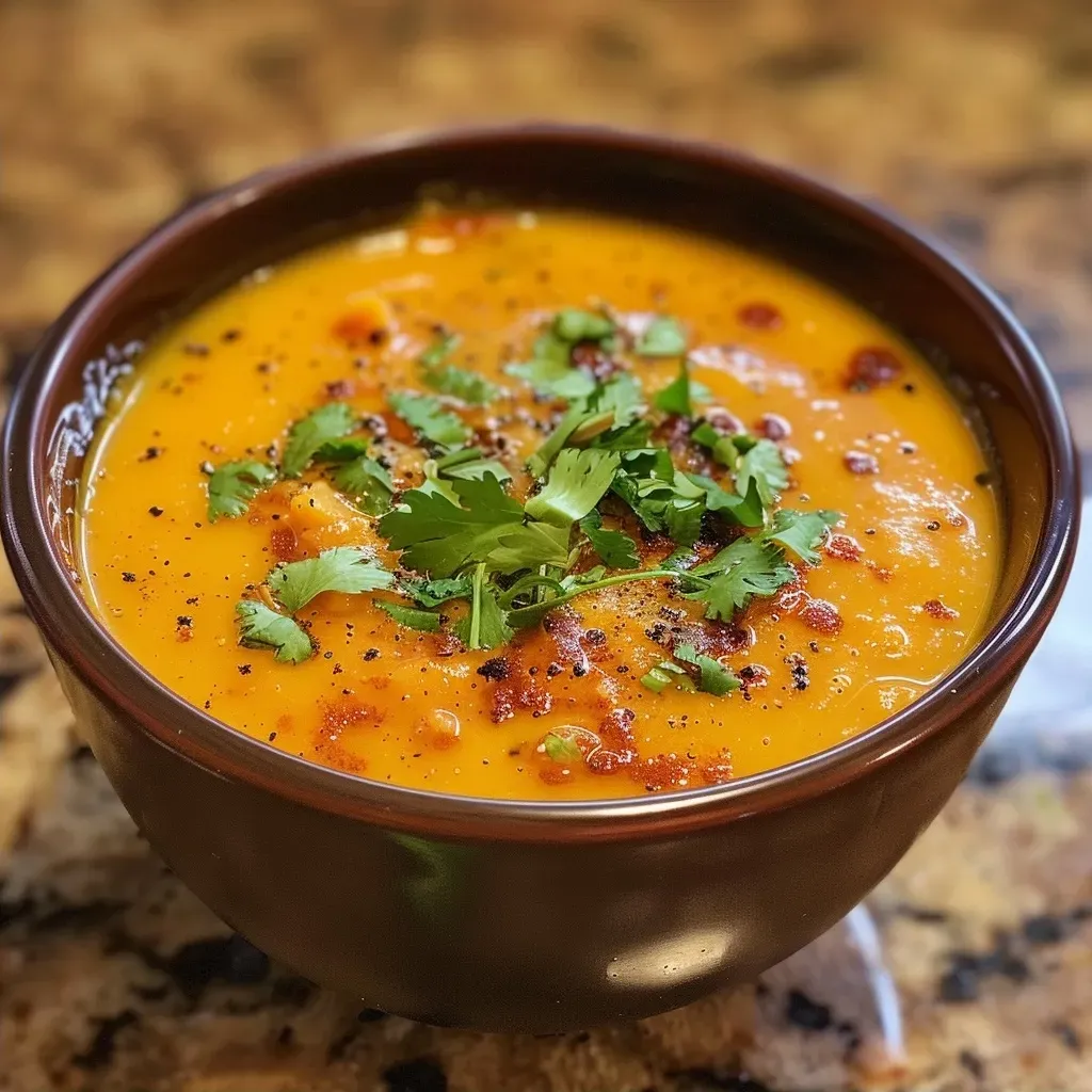 Side view of a bowl filled with vibrant orange sweet potato soup topped with herbs.
