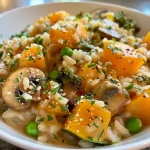 Close-up view of a bowl filled with Healthy Vegetable Winter Risotto featuring vibrant colors and textures.