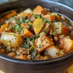 Close-up view of a warm bowl of autumn harvest stew filled with colorful vegetables.