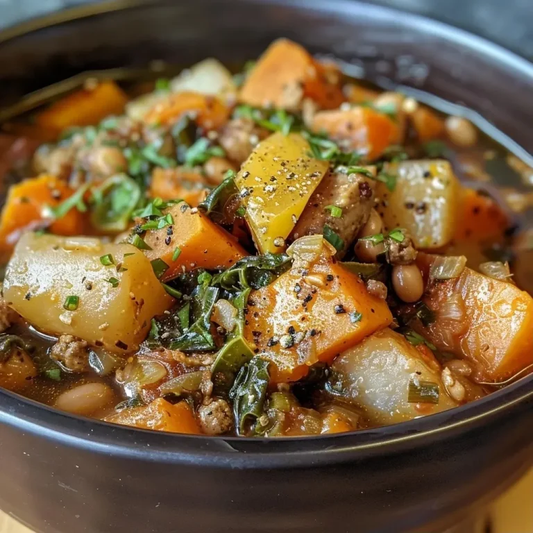 Harvesting Flavor: A Cozy Autumn Stew to Warm Your Heart Close-up view of a warm bowl of autumn harvest stew filled with colorful vegetables.