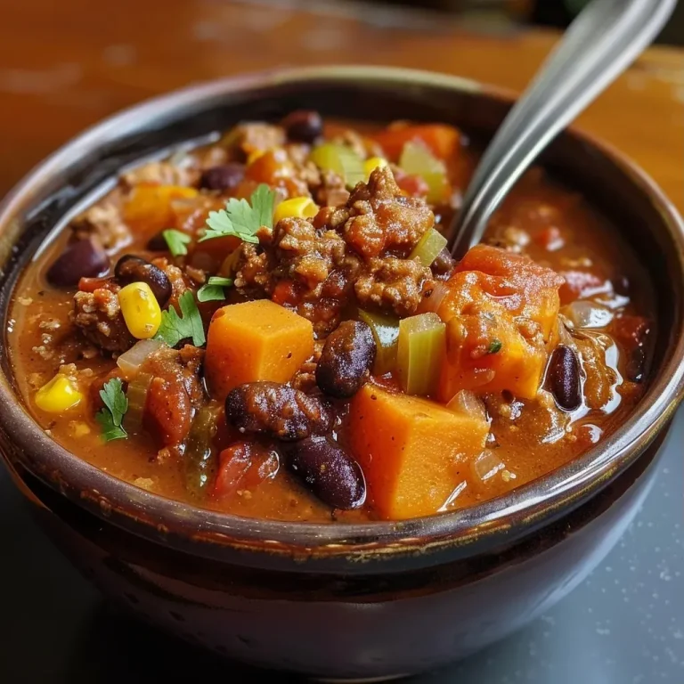 Nourishing Comfort: The Sweet Potato Chili That Warms the Soul Close-up side view of hearty sweet potato chili in a bowl, showcasing ingredients.