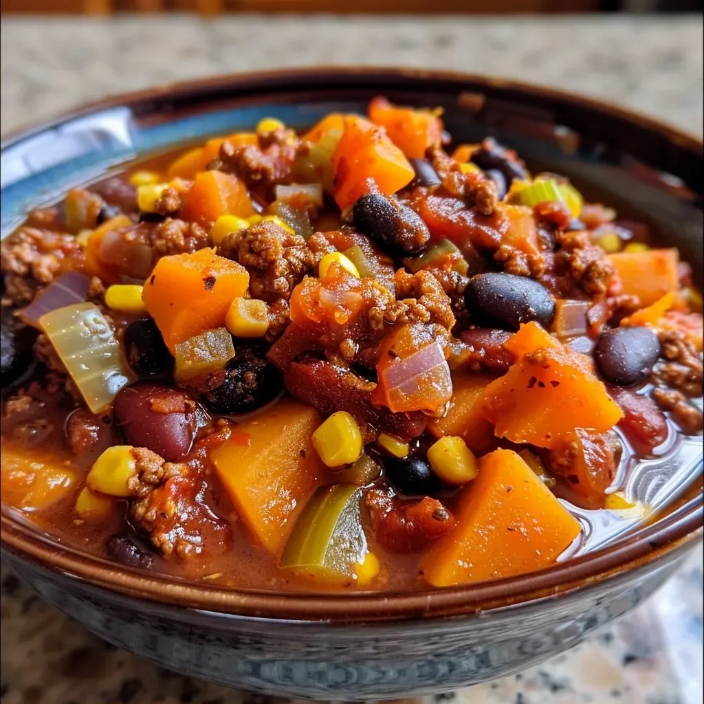 Juicy sweet potato chili with visible chunks of sweet potatoes, beans, and tomatoes.