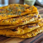 Close-up view of a slice of Herbed Pumpkin Flatbread garnished with fresh herbs.
