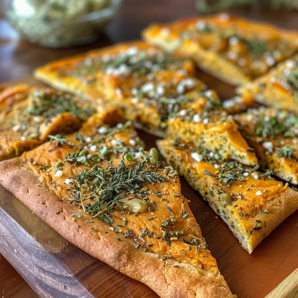 Side view of a golden-brown herbed pumpkin flatbread on a wooden surface.