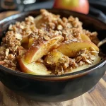 Close-up of a warm, golden-brown apple crumble topped with oats.