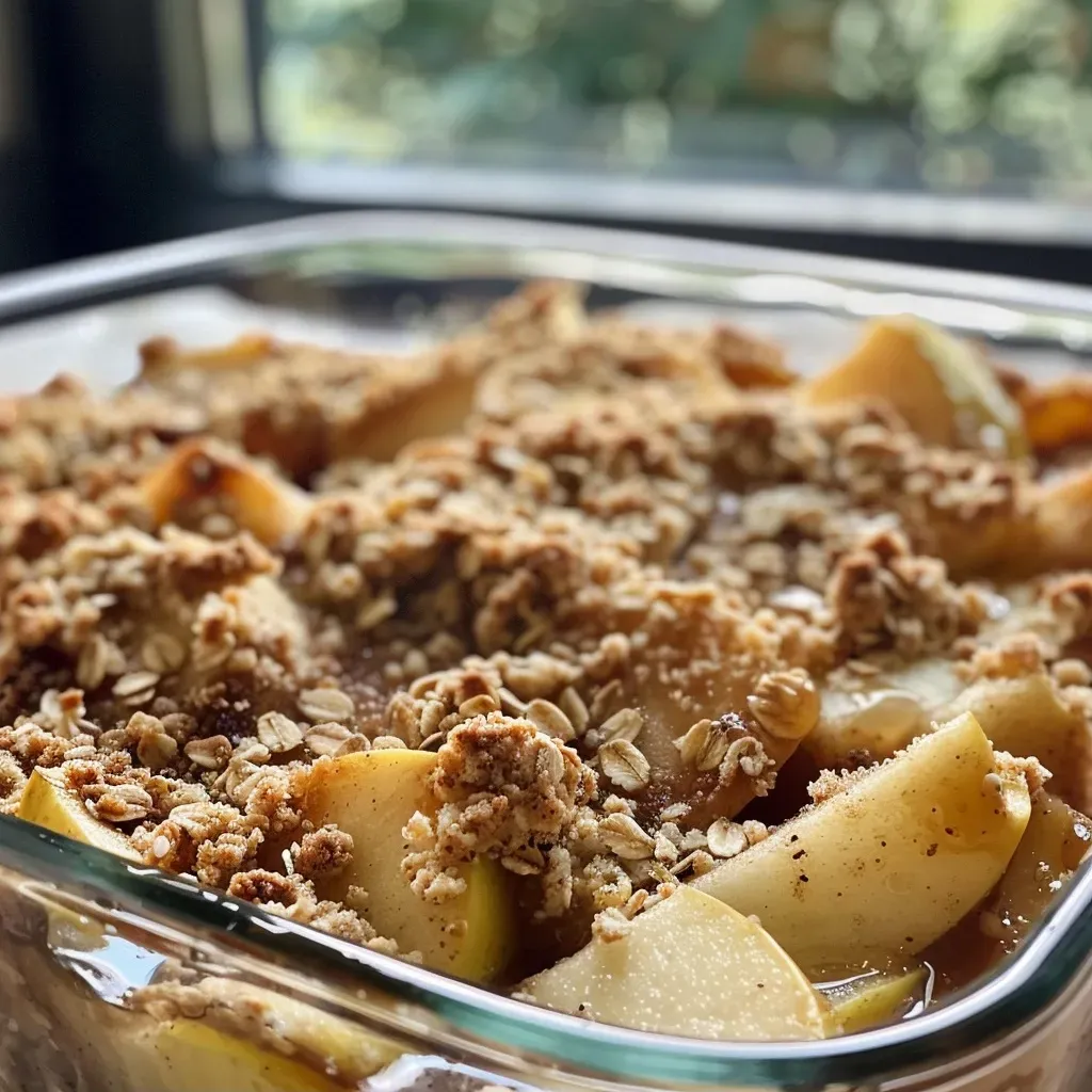 Delicious apple crumble served in a dish, showcasing apple chunks and crisp topping.