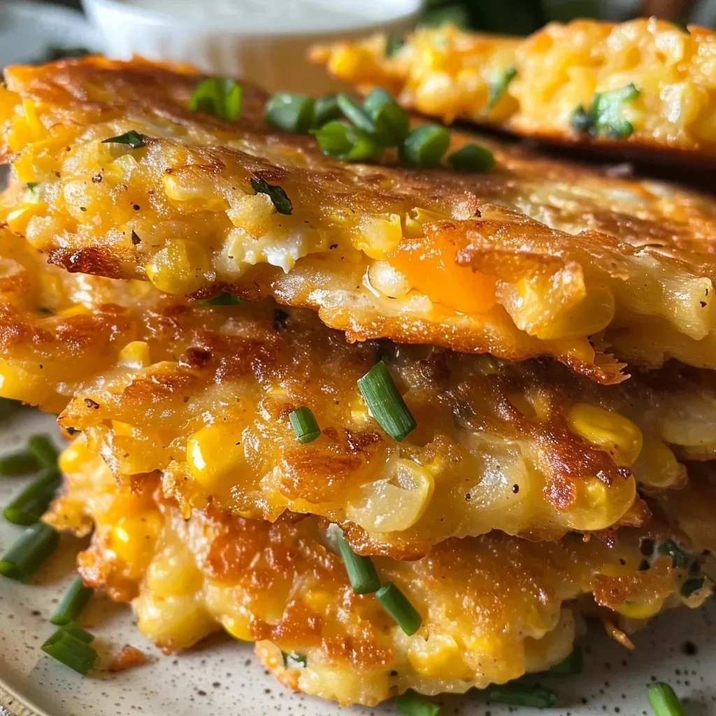 Side view of high-protein cheddar corn fritters with visible sweet corn and cheese texture.