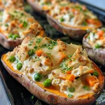 Close-up view of sweet potatoes stuffed with creamy chicken pot pie filling.