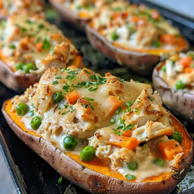 Transforming Comfort Food: High-Protein Chicken Pot Pie in Sweet Potatoes Close-up view of sweet potatoes stuffed with creamy chicken pot pie filling.