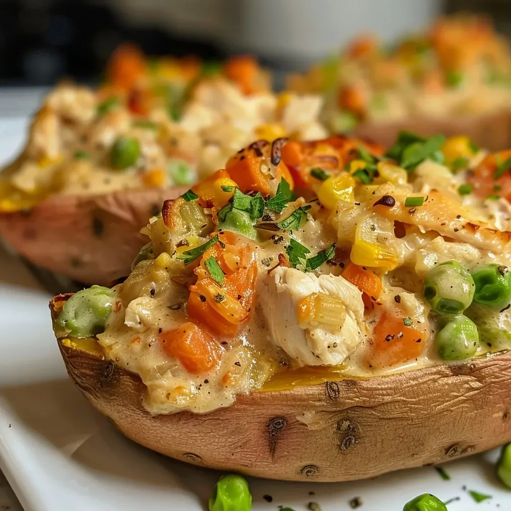 Side view of a baked sweet potato filled with high-protein chicken and mixed vegetables.