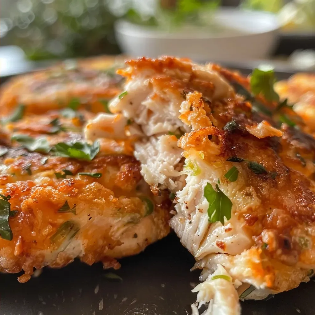 Side view of golden brown chicken fritters, highlighting crunchy exterior and moist interior.