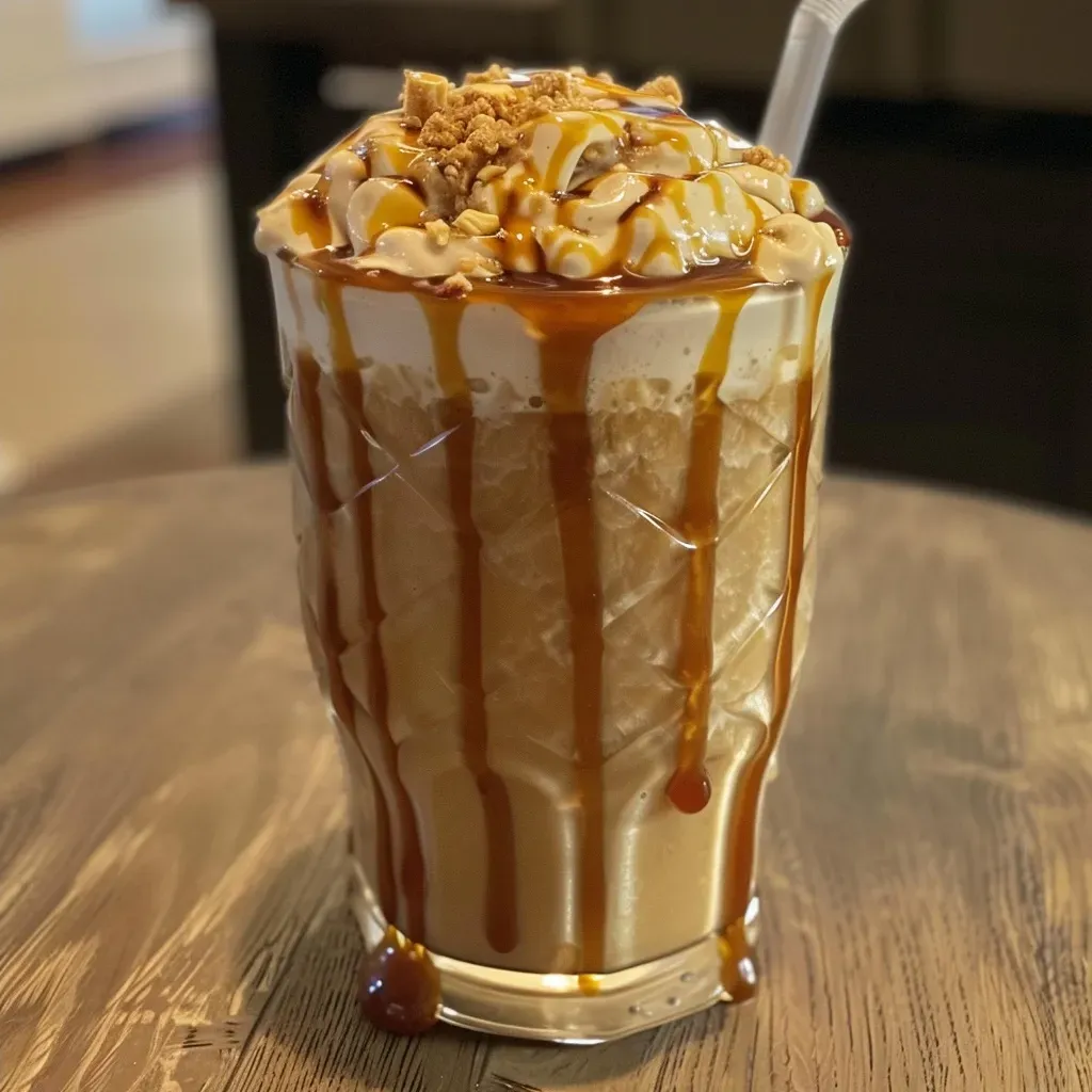 A refreshing energy drink with a caramel infusion, presented on a table with ice.