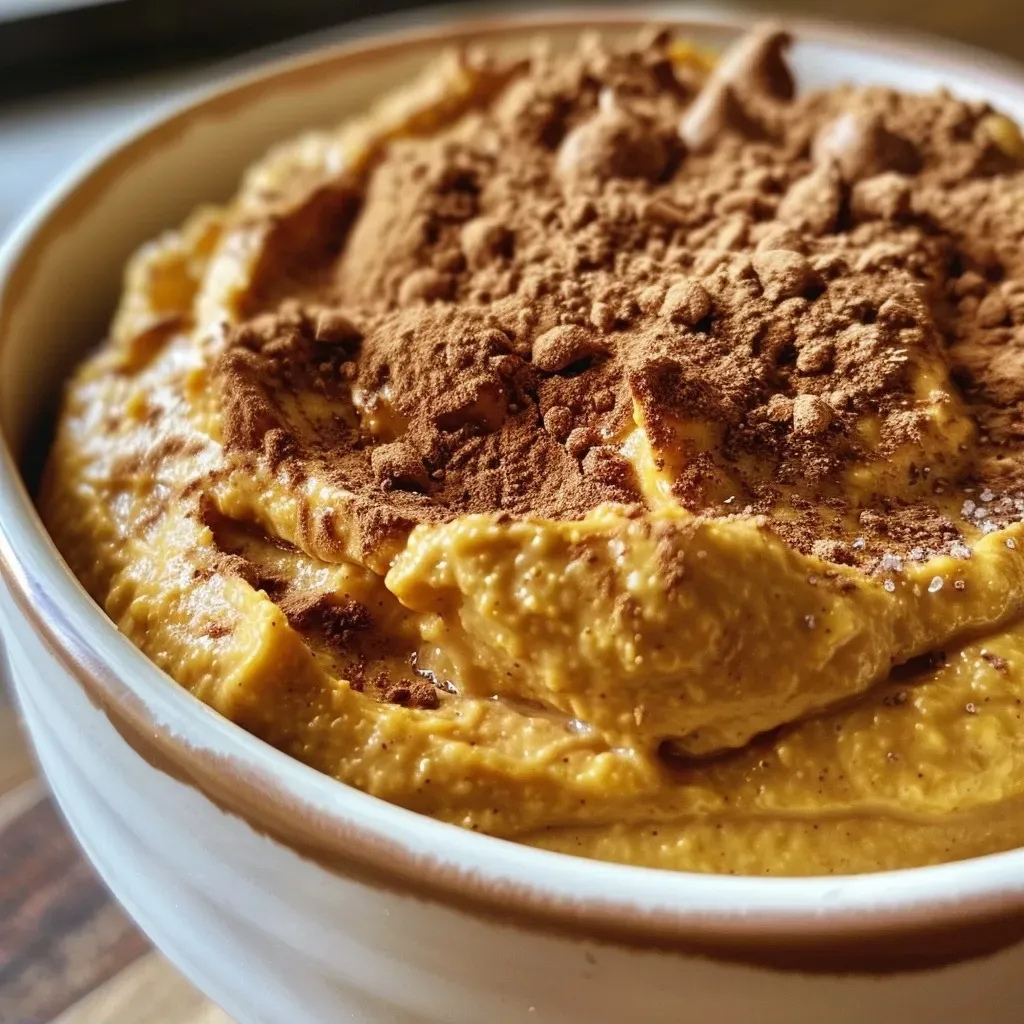 Side view of a luscious pumpkin dip featuring a smooth texture with a sprinkle of spices on top.
