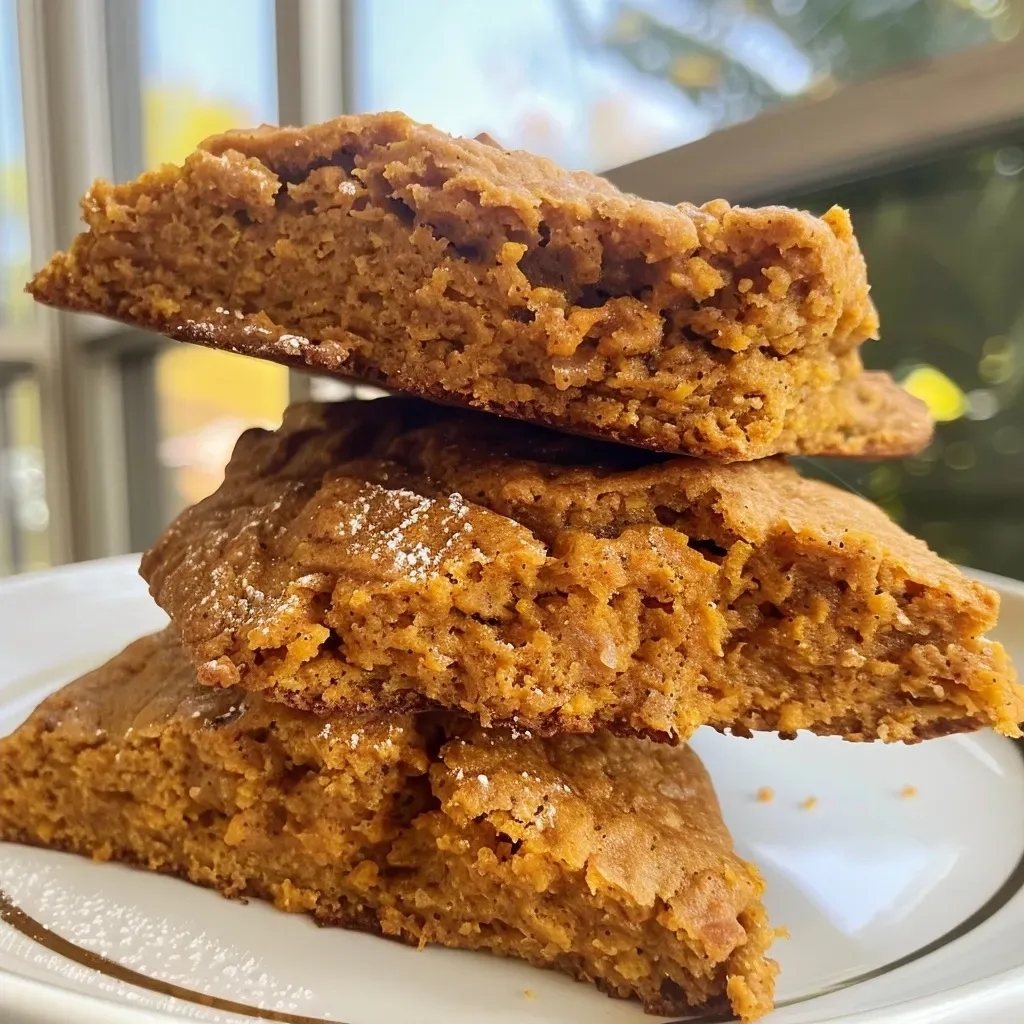 Side angle of pumpkin scones showcasing their fluffy interior and topping.