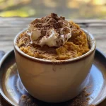 Close-up of a pumpkin spice mug cake with a moist texture, topped with whipped cream and nuts.