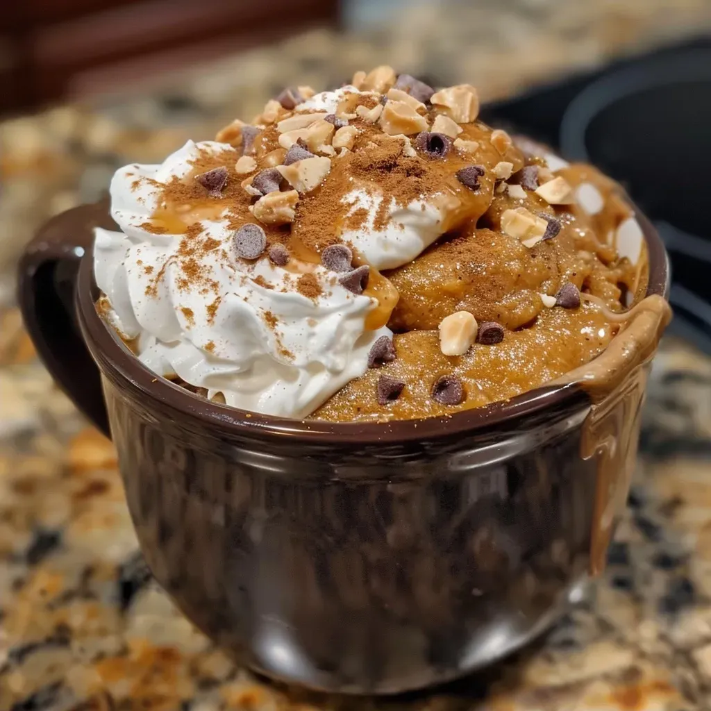 Side view of a high protein pumpkin spice mug cake, showcasing its fluffy interior and creamy topping.