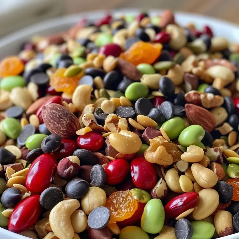 Fuel Your Adventures: Crafting the Ultimate High Protein Trail Mix Close-up view of a colorful high protein trail mix featuring nuts, seeds, edamame, dried fruit, and chocolate chips.