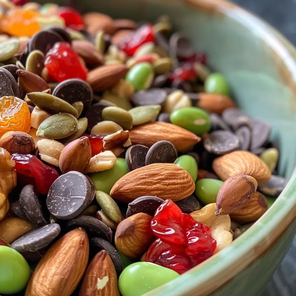 A vibrant mix of nuts, seeds, and edamame with pieces of dried fruit and chocolate chips in a side view.