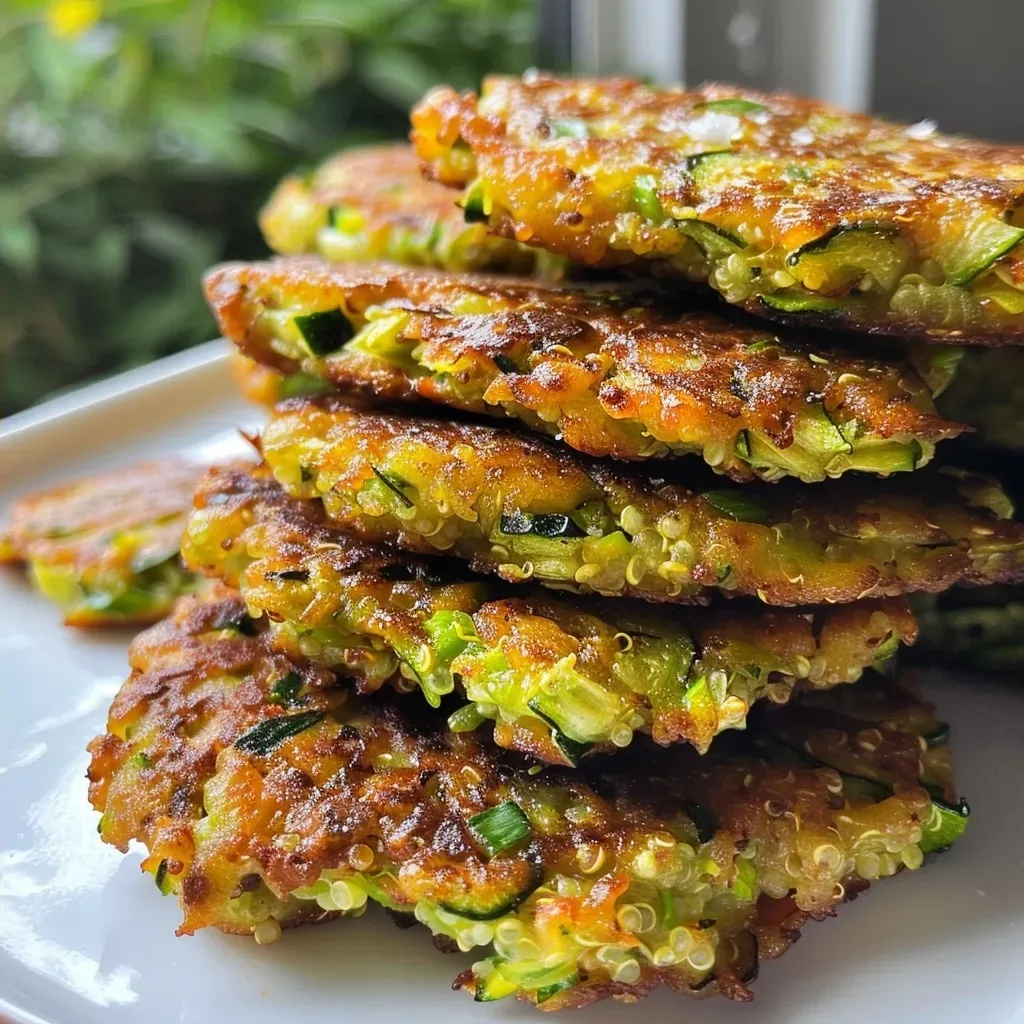 Side view of freshly cooked zucchini fritters with green onions, garnished and ready to serve.