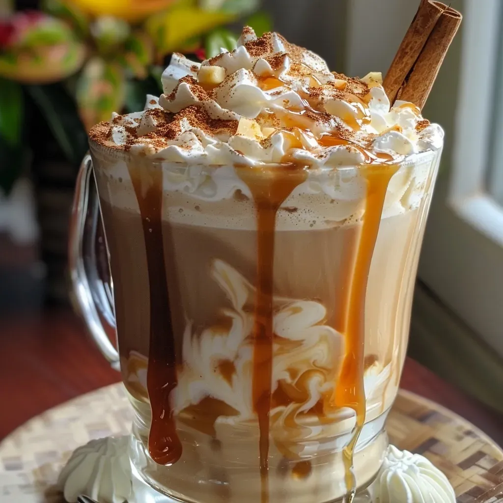 A side view of a homemade caramel apple latte in a glass, garnished with whipped cream and a cinnamon stick.