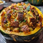 Close-up view of a baked Hubbard squash filled with golden cornbread stuffing and garnished with herbs.