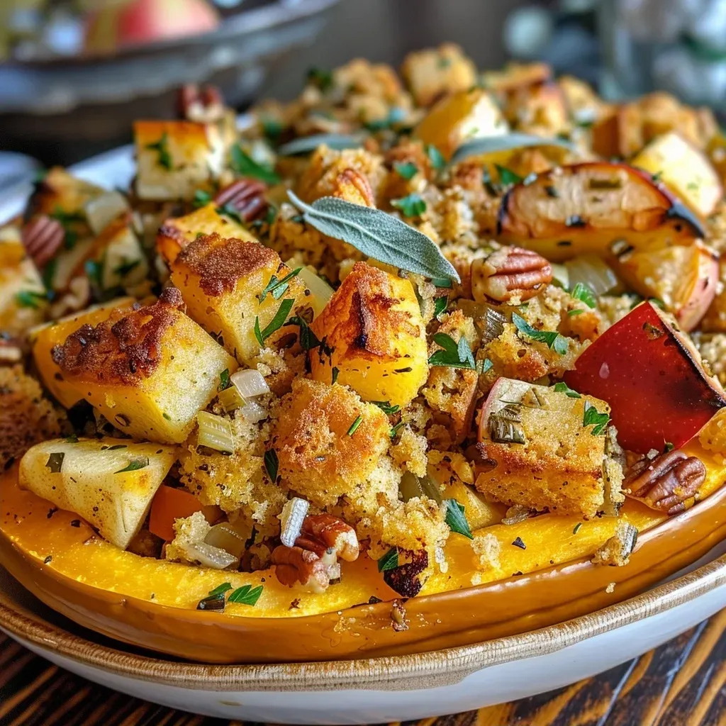A slice of Hubbard squash showcasing a hearty cornbread stuffing mixture with visible apples and cranberries.