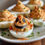 Close-up of Jack-o'-Lantern Deviled Eggs with a vibrant orange filling and decorative pepper cutouts.