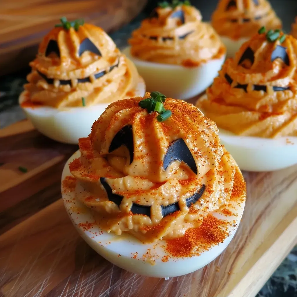 A side view of Jack-o'-Lantern Deviled Eggs, showcasing their festive pumpkin-like appearance.