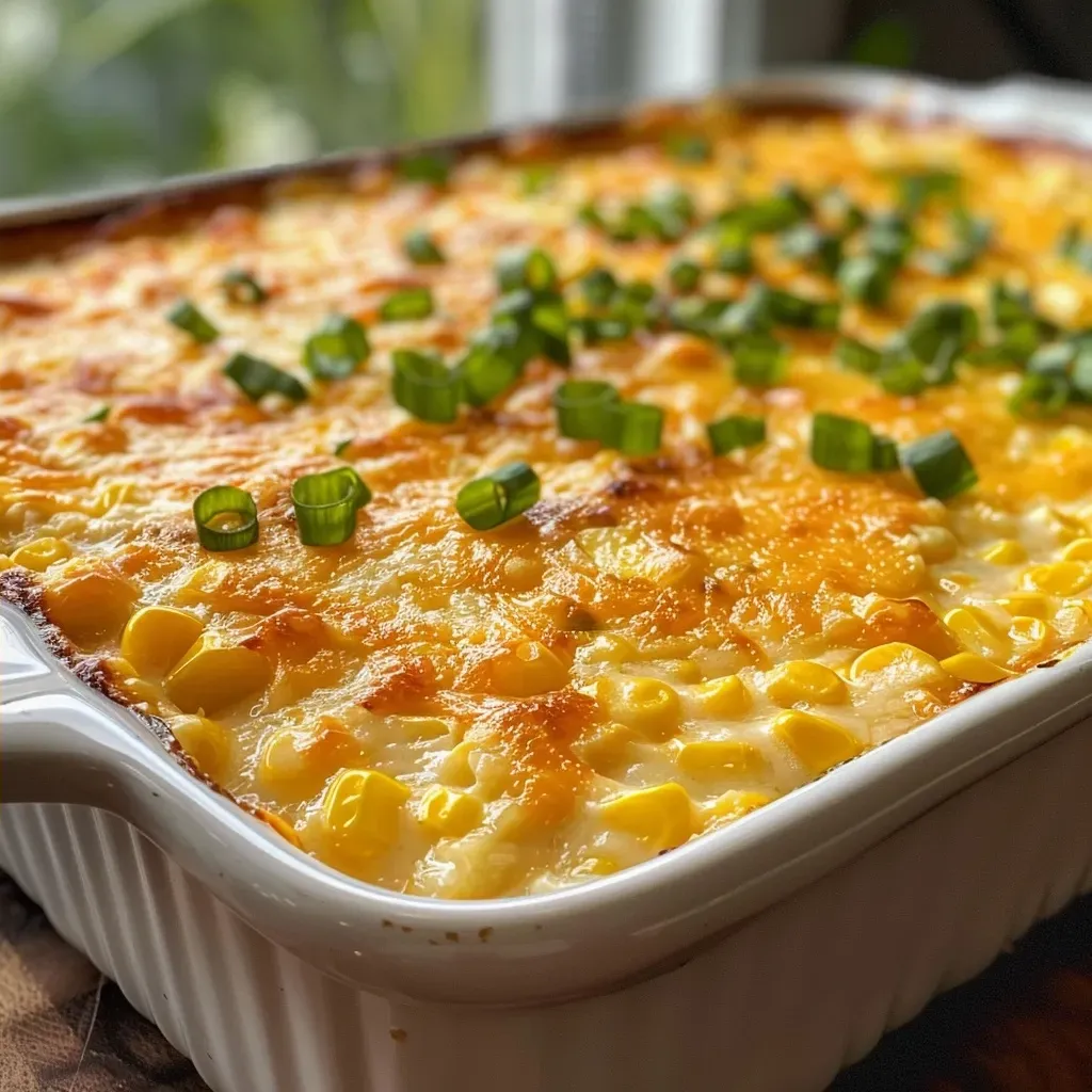 Side view of a freshly baked corn casserole with a crispy top, showcasing its creamy corn interior.