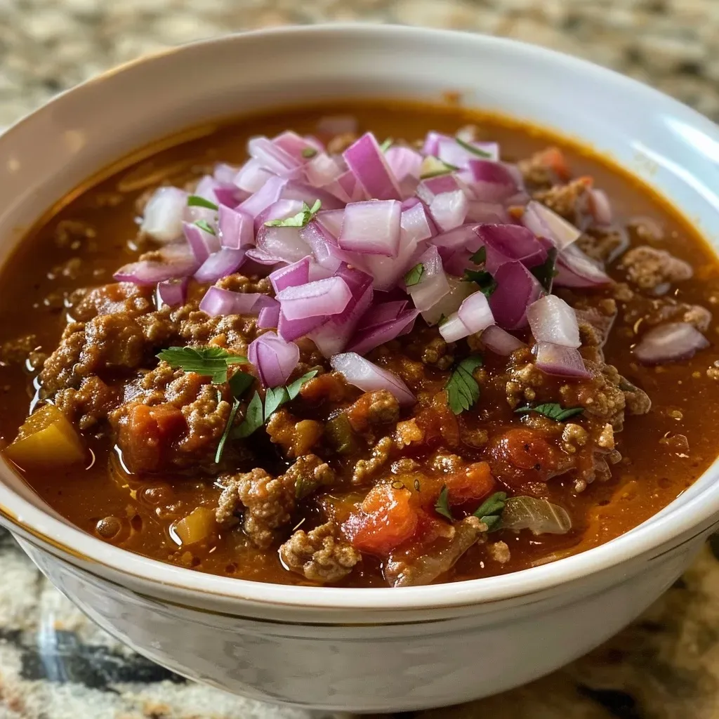 Side view of a steaming bowl of Keto chili showcasing beef, red bell peppers, and tomatoes.