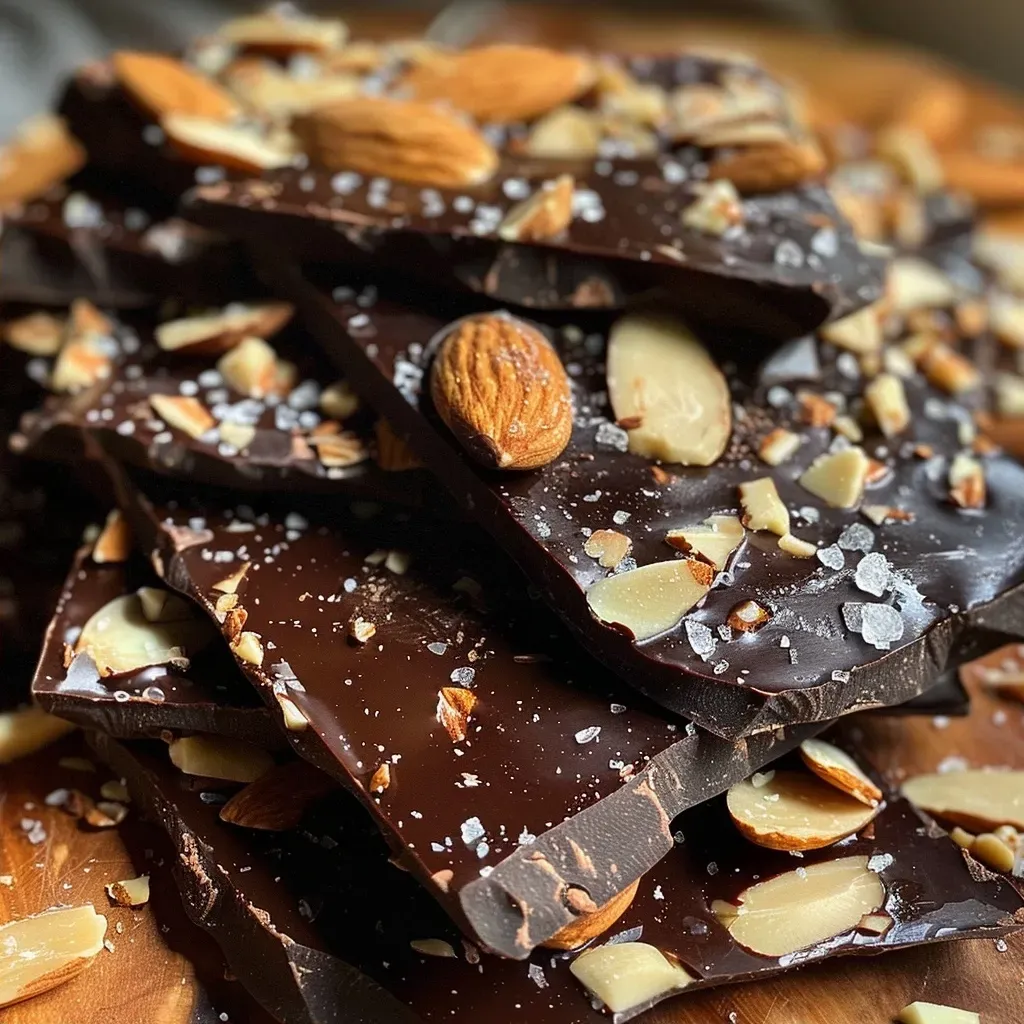 Side angle shot of Keto Chocolate Almond Bark showcasing its rich chocolate layers and almond pieces.