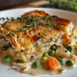 Close-up view of a golden-brown turkey pot pie gratin, showcasing a creamy filling with visible vegetables.