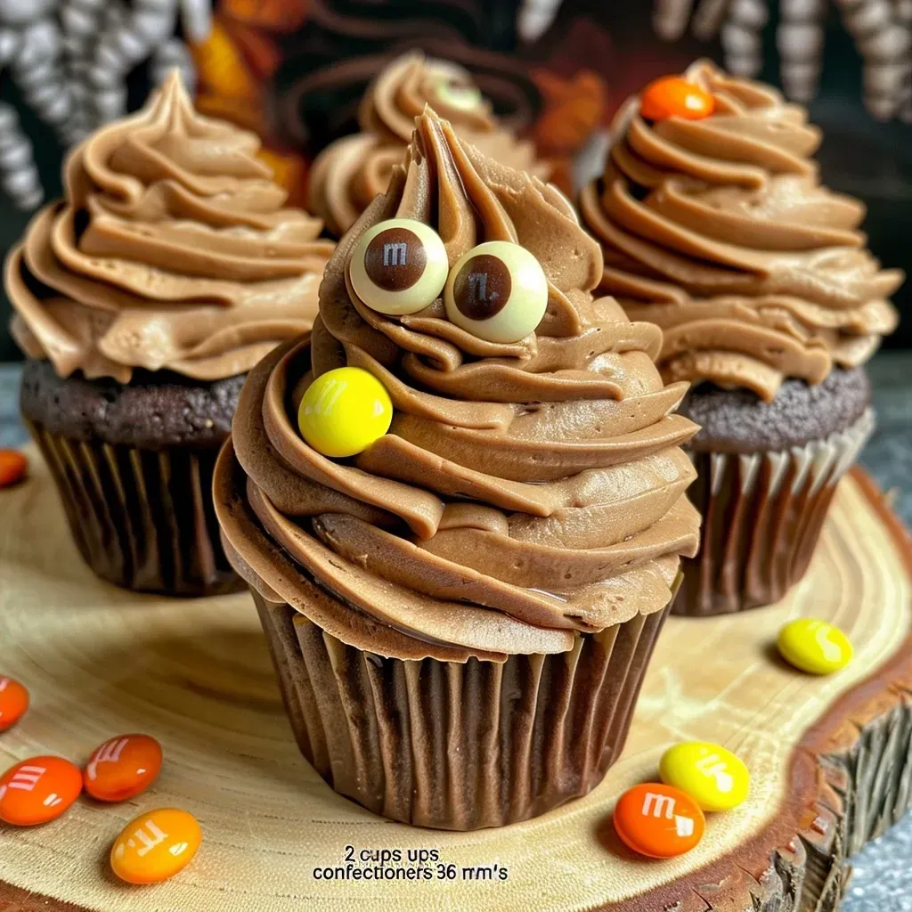 Side view of a chocolate mummy cupcake, featuring a gooey texture and draped white icing with M&M eyes.