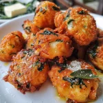 Close-up view of golden-brown Malfatti fritters garnished with sage leaves.