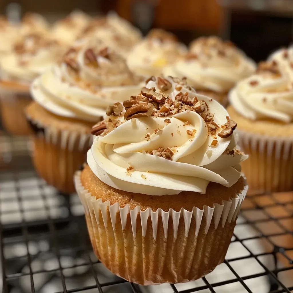 Delicious maple cupcakes with a creamy frosting and a sprinkle of pecans, captured in vibrant detail.